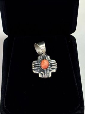 Vintage Navajo Artist Chimney Butte Cabochon Coral/Sterling Silver Cross Pendant
